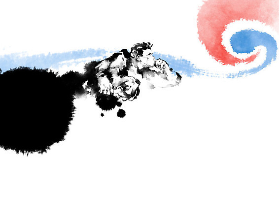 PSD 남자 일러스트 캘리그라피 어깨동무 붓터치 한국 마스크 사람 성인 두명 빨간색 파란색 태극기 태극 번짐 시민 시위 부축 성인남자만 국내일러스트 문양 아시아 컬러 포즈 국기 국민 남자만 성인만 파일형식 효과