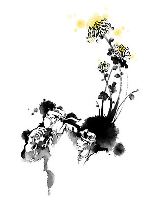 PSD 남자 일러스트 캘리그라피 어깨동무 붓터치 한국 국화 마스크 사람 성인 두명 머리띠 번짐 시민 시위 부축 성인남자만 국내일러스트 꽃 아시아 포즈 장신구 국민 남자만 성인만 파일형식 효과