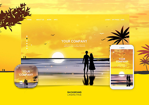 PSD 편집이미지 커플 여자 남자 실루엣 백그라운드 해변 여름 스마트폰 노란색 레이아웃 UI 랜딩페이지 편집소스 이미지편집 계절 바다 컬러 웹템플릿 관계 촬영기법 사람 핸드폰 스마트기기 파일형식