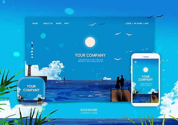 PSD 편집이미지 커플 여자 남자 실루엣 바다 백그라운드 등대 여름 파란색 스마트폰 태양 레이아웃 UI 랜딩페이지 편집소스 이미지편집 자연요소 계절 컬러 웹템플릿 관계 촬영기법 사람 핸드폰 스마트기기 파일형식