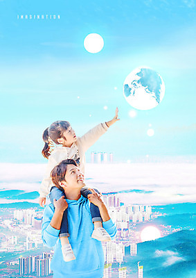 PSD 편집이미지 여자 남자 딸 지구 어린이 40대 중년 사람 두명 파란색 빛 희망 한국인 잡기 도시 목말 아빠 손뻗기 부녀 이미지편집 감정 컬러 가족 모션 동양인 성인 파일형식