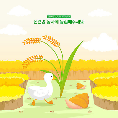 PSD 한마리 일러스트 오리 사람없음 노란색 자연보호 환경 농사 그린캠페인 벼 쌀 환경보전 에코 친환경 우렁이 필환경 국내일러스트 1 캠페인 컬러 농업 자연 조류 곡류 보호 사회이슈 파일형식