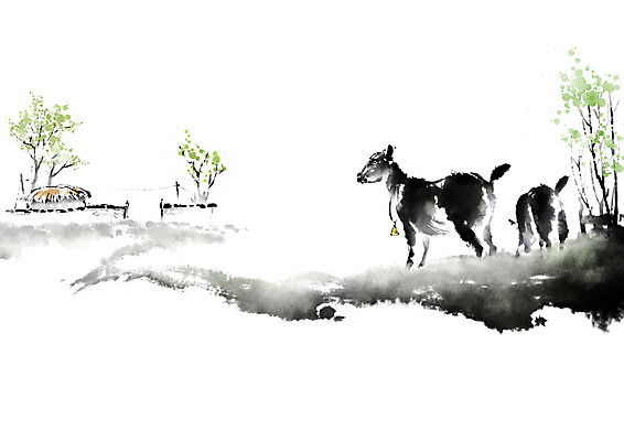 PSD 나무 일러스트 캘리그라피 붓터치 염소 초가집 풍경 초원 사람없음 마을 종 시골 번짐 흑염소 국내일러스트 식물 포유류 한옥 파일형식 효과