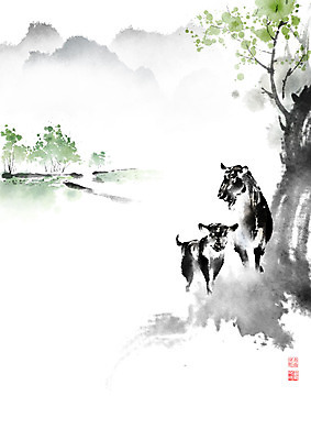 PSD 나무 동물 잎 두마리 밭 일러스트 캘리그라피 붓터치 염소 산 논 풍경 사람없음 안개 시골 번짐 흑염소 영모화 국내일러스트 식물 2 농업 포유류 날씨 그림 파일형식 효과