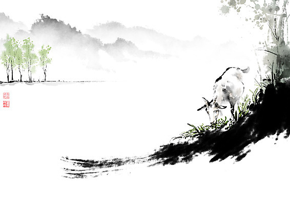 PSD 나무 동물 잎 일러스트 캘리그라피 붓터치 염소 산 풍경 사람없음 안개 시골 풀 숲 언덕 번짐 영모화 국내일러스트 식물 포유류 날씨 그림 파일형식 효과