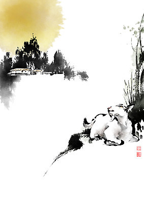 PSD 나무 동물 잎 일러스트 캘리그라피 붓터치 염소 주택 초가집 풍경 사람없음 태양 노란색 마을 달 시골 풀 숲 언덕 번짐 영모화 국내일러스트 자연요소 식물 컬러 포유류 한옥 건물 그림 파일형식 효과