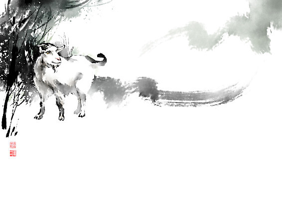 PSD 나무 동물 잎 일러스트 캘리그라피 붓터치 염소 산 풍경 초원 사람없음 안개 풀 숲 번짐 영모화 국내일러스트 식물 포유류 날씨 그림 파일형식 효과