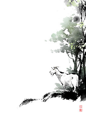 PSD 나무 동물 잎 일러스트 캘리그라피 가지 붓터치 염소 풍경 사람없음 시골 풀 숲 언덕 번짐 영모화 국내일러스트 식물 채소 포유류 그림 파일형식 효과