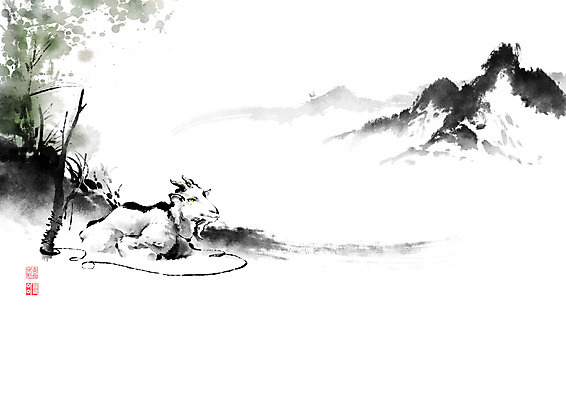 PSD 나무 동물 줄 잎 일러스트 캘리그라피 붓터치 염소 산 앉기 풍경 사람없음 안개 시골 풀 숲 번짐 목줄 영모화 국내일러스트 식물 포유류 모션 날씨 그림 파일형식 효과 반려용품