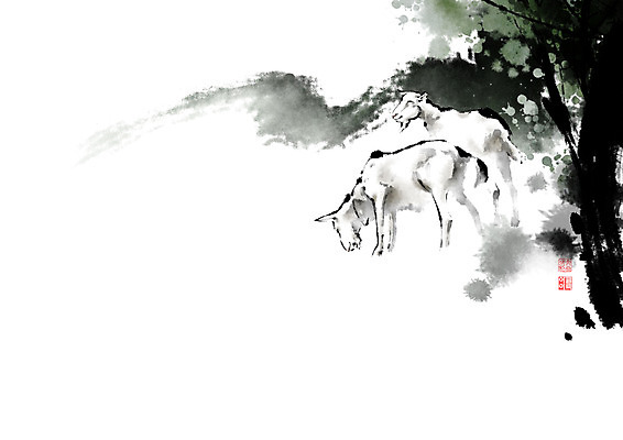 PSD 나무 동물 잎 일러스트 캘리그라피 붓터치 염소 산 풍경 사람없음 시골 숲 번짐 영모화 국내일러스트 식물 포유류 그림 파일형식 효과