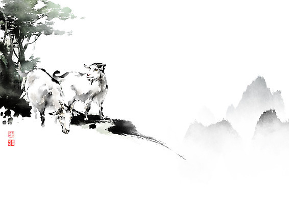 PSD 나무 동물 잎 일러스트 캘리그라피 붓터치 염소 산 풍경 사람없음 안개 시골 풀 숲 언덕 번짐 영모화 국내일러스트 식물 포유류 날씨 그림 파일형식 효과