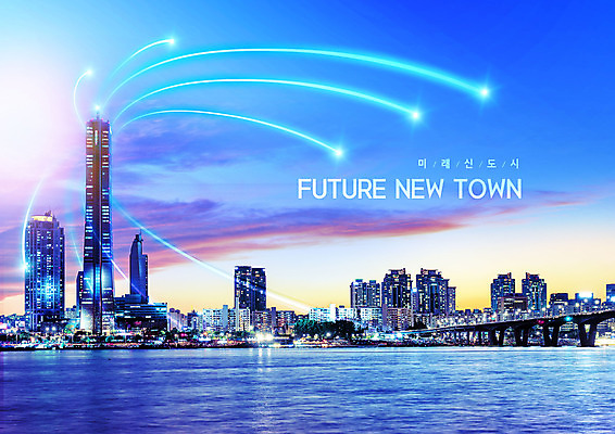 PSD 편집이미지 바다 하늘 미래 빌딩 사람없음 파란색 고층빌딩 미래도시 신도시 이미지편집 컬러 컨셉 건물 도시 파일형식