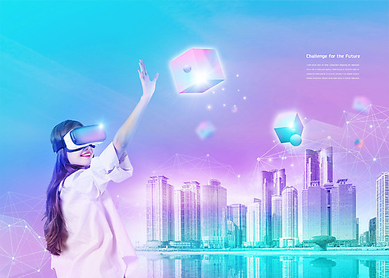 PSD 편집이미지 여자 미래 한명 웃음 사람 손짓 상반신 20대 성인 건물 컬러풀 한국인 변화 미래도시 홀로그램 가상현실 성인여자한명만 VR기기 이미지편집 1 건축물 컬러 컨셉 모션 표정 동양인 청년 기계 도시 여자한명만 성인여자만 파일형식