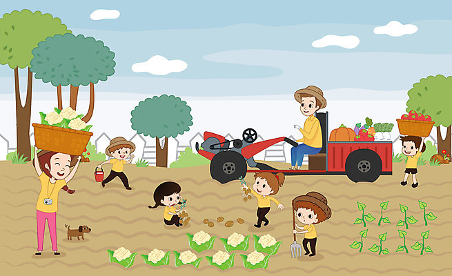 구름 여자 남자 어린이 밭 토마토 일러스트 감자 들기 사람 소녀 소년 여러명 성인 농장 바구니 새싹 교사 체험학습 강아지 농부 양배추 트랙터 농촌체험 반려 밭일 국내일러스트 AI파일 자연요소 식물 직업 다수 농업 채소 모션 반려동물 체험 개 농기계 특수차량 파일형식 벡터