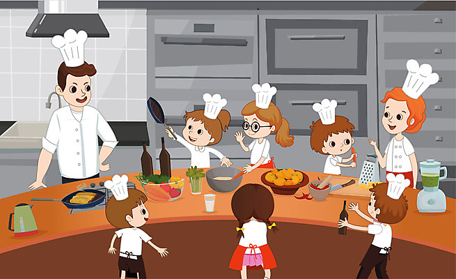 여자 남자 어린이 음식 과일 일러스트 주방용품 요리사모자 요리 사람 소녀 소년 여러명 성인 주방 요리사 교사 체험학습 프라이팬 조리복 국내일러스트 AI파일 직업 모자_잡화 생활용품 다수 유니폼 체험 파일형식 벡터