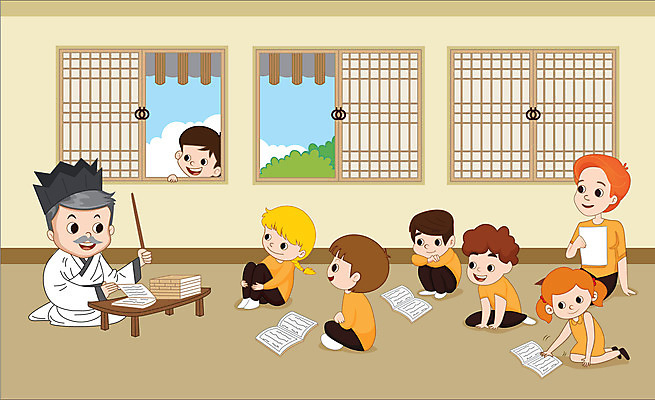 구름 여자 남자 어린이 일러스트 창문 기와집 사람 소녀 소년 여러명 성인 교사 체험학습 서당 한자책 훈장님 국내일러스트 AI파일 자연요소 직업 다수 한옥 책 체험 파일형식 벡터