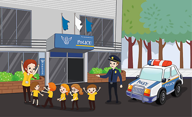 나무 여자 남자 어린이 일러스트 사람 소녀 소년 여러명 성인 교사 체험학습 경찰 경찰차 견학 경찰서 국내일러스트 AI파일 식물 직업 교육 다수 자동차 체험 파일형식 벡터