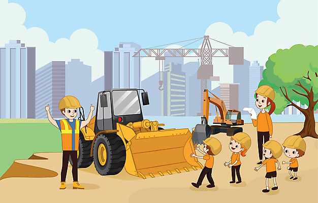 나무 여자 남자 어린이 일러스트 사람 소녀 소년 여러명 성인 건물 건설현장 체험학습 기술자 안전모 불도저 건설근로자 국내일러스트 AI파일 식물 직업 건축물 다수 건설업 체험 중장비 헬멧 안전장비 파일형식 벡터
