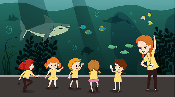 여자 남자 어린이 일러스트 어류 사람 소녀 소년 여러명 성인 교사 체험학습 수조 상어 아쿠아리움 국내일러스트 AI파일 직업 다수 수중동물 체험 수족관 파일형식 벡터