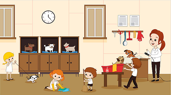 여자 남자 반려견 어린이 시계 일러스트 창문 사람 소녀 소년 여러명 성인 교사 목욕 체험학습 강아지 청소도구 청소 반려 애견미용사 애완동물가게 국내일러스트 AI파일 직업 다수 반려동물 상점 청결 도구 체험 개 미용사 파일형식 벡터
