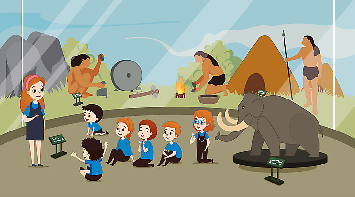 나무 여자 남자 어린이 일러스트 불 주택 설명 사람 소녀 소년 여러명 성인 모형 교사 회색 돌_바위 바위 체험학습 박물관 멸종위기동물 매머드 견학 국내일러스트 멸종위기종 AI파일 자연요소 식물 동물 직업 교육 컬러 다수 모션 건물 체험 파일형식 벡터