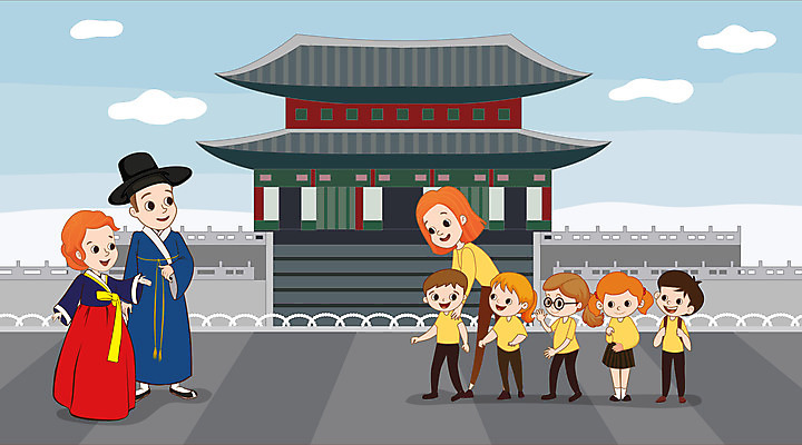 구름 한국전통 전통 여자 남자 문화 어린이 일러스트 사람 소녀 소년 여러명 성인 교사 문화재 체험학습 한복 전통체험 기념물 국내일러스트 AI파일 자연요소 직업 다수 한국 체험 전통의상 파일형식 벡터