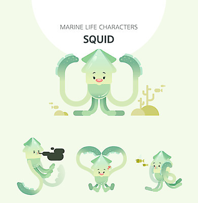 캐릭터 여러마리 일러스트 사람없음 초록색 세트 귀여움 수중동물 하트 오징어 오징어캐릭터 오징어먹물 일러캐릭터 AI파일 모양 동물 컬러 다수 컨셉 연체동물 파일형식 벡터