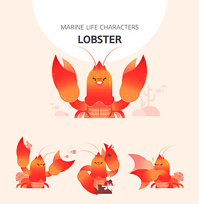 캐릭터 여러마리 일러스트 사람없음 빨간색 세트 귀여움 수중동물 가재 사냥 일러캐릭터 AI파일 동물 컬러 다수 컨셉 갑각류 파일형식 벡터