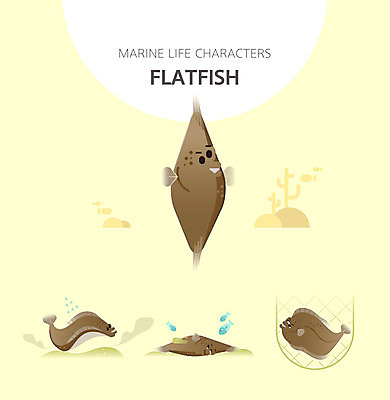 캐릭터 여러마리 일러스트 사람없음 세트 갈색 귀여움 수중동물 그물 눈물 사냥 넙치 일러캐릭터 AI파일 동물 감정 컬러 다수 컨셉 어류 파일형식 벡터