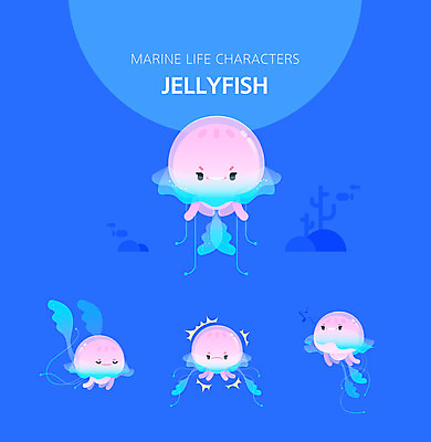 캐릭터 여러마리 일러스트 사람없음 파란색 세트 귀여움 점프 수중동물 독약 해파리 일러캐릭터 AI파일 동물 컬러 다수 컨셉 모션 자포동물 파일형식 벡터