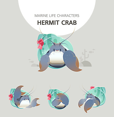 캐릭터 여러마리 일러스트 사람없음 세트 귀여움 수중동물 회색 수줍음 위협 소라게 숨기 일러캐릭터 AI파일 동물 감정 컬러 다수 컨셉 모션 게 파일형식 벡터