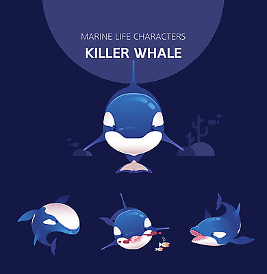 캐릭터 여러마리 일러스트 사람없음 세트 귀여움 점프 수중동물 남색 범고래 일러캐릭터 AI파일 동물 컬러 다수 컨셉 모션 고래 파일형식 벡터