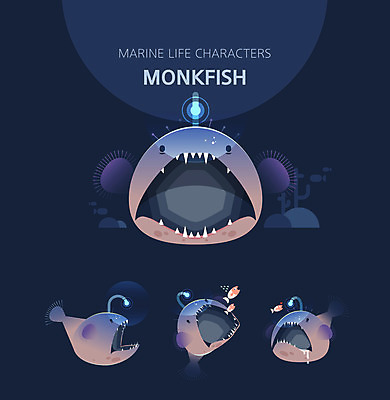 캐릭터 여러마리 일러스트 사람없음 세트 귀여움 수중동물 남색 배고픔 사냥 아귀 일러캐릭터 AI파일 동물 컬러 다수 컨셉 파일형식 벡터