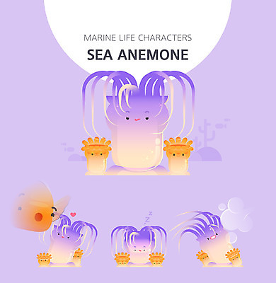 캐릭터 여러마리 일러스트 사랑 사람없음 세트 귀여움 보라색 수중동물 하트 잠 즐거움 말미잘 일러캐릭터 AI파일 모양 동물 감정 컬러 다수 컨셉 자포동물 파일형식 벡터