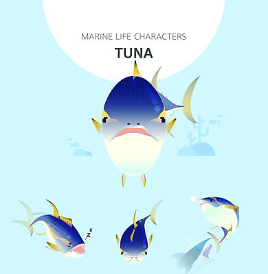 캐릭터 여러마리 일러스트 사람없음 파란색 세트 귀여움 수중동물 잠 참치 탈출 일러캐릭터 AI파일 동물 컬러 다수 컨셉 어류 파일형식 벡터