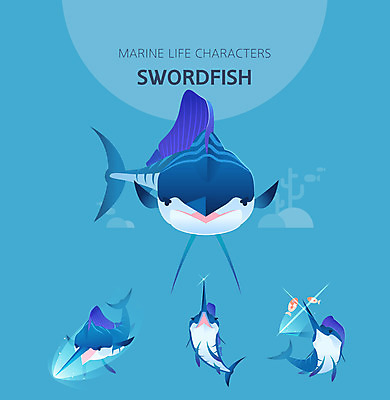 캐릭터 여러마리 일러스트 사람없음 파란색 세트 귀여움 수중동물 공격 사냥 새치 일러캐릭터 AI파일 동물 컬러 다수 컨셉 모션 어류 파일형식 벡터