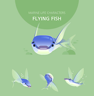캐릭터 여러마리 일러스트 웃음 사람없음 파란색 세트 귀여움 점프 수중동물 날치 열심 일러캐릭터 AI파일 동물 컬러 다수 컨셉 모션 표정 어류 파일형식 벡터