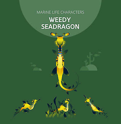 캐릭터 여러마리 일러스트 사람없음 초록색 세트 귀여움 수중동물 풀잎해룡 일러캐릭터 AI파일 동물 컬러 다수 컨셉 해룡 파일형식 벡터