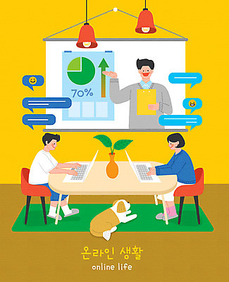 PSD 한마리 라이프스타일 여자 남자 화분 말풍선 의자 일러스트 비즈니스 탁자 회의 모바일 그래프 조명 사람 성인 세명 노트북 노란색 스크린 직장인 강아지 파일 재택근무 반려 채팅 화상통화 성인만 사회적거리두기 온택트 국내일러스트 직업 1 캠페인 컬러 가구 생활 전자제품 반려동물 개 통화 파일형식