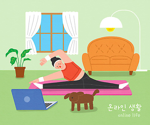 PSD 한마리 라이프스타일 여자 화분 일러스트 요가 창문 모바일 조명 한명 사람 성인 연두색 노트북 운동복 소파 매트 강아지 반려 성인여자한명만 홈트레이닝 온택트 오하운 국내일러스트 1 웰빙 옷 의자 생활 초록색 전자제품 반려동물 운동 개 신조어 여자한명만 성인여자만 파일형식