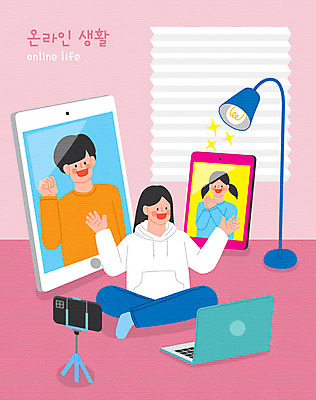 PSD 라이프스타일 여자 남자 분홍색 일러스트 모바일 조명 대화 사람 앉기 성인 세명 노트북 스마트폰 태블릿 커튼 온라인 삼각대 화상통화 성인만 사회적거리두기 온택트 국내일러스트 캠페인 컬러 모션 말하기 생활 전자제품 핸드폰 스마트기기 통화 파일형식
