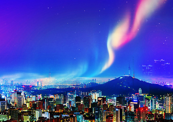 PSD 편집이미지 백그라운드 야경 하늘 사람없음 그래픽 파란색 도시 도심 오로라 남산타워 이미지편집 컬러 자연현상 야간 남산 파일형식 풍경_경치