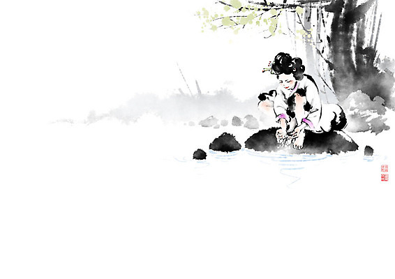 PSD 나무 여자 꽃 일러스트 캘리그라피 붓터치 한명 풍경 물 여름 소풍 물가 개울 강가 한복 번짐 낙관 여자한명만 국내일러스트 자연요소 식물 1 한국전통 계절 사람 강 야외활동 전통의상 여자만 파일형식 효과