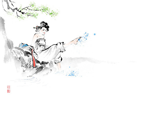 PSD 나무 여자 꽃 일러스트 캘리그라피 물놀이 물장구 붓터치 한명 풍경 물 여름 소풍 물가 개울 강가 한복 번짐 낙관 여자한명만 국내일러스트 자연요소 식물 1 한국전통 계절 놀이 사람 강 야외활동 전통의상 여자만 파일형식 효과