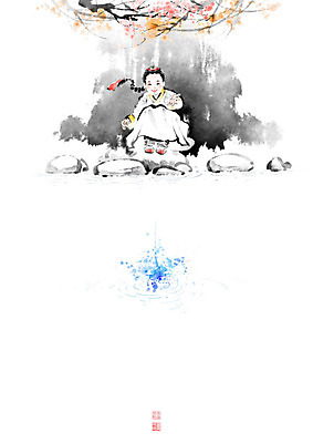 PSD 나무 여자 꽃 어린이 일러스트 캘리그라피 물장구 붓터치 한명 풍경 물 여름 소풍 물가 개울 강가 한복 번짐 낙관 소녀한명만 국내일러스트 자연요소 식물 1 한국전통 계절 물놀이 사람 강 야외활동 전통의상 여자한명만 소녀만 파일형식 효과