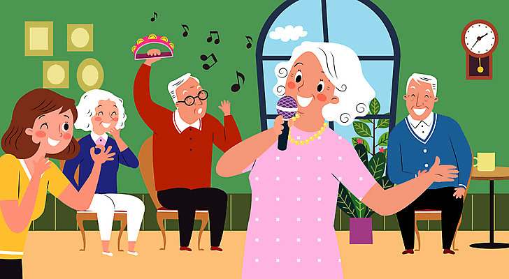 구름 여자 할아버지 노년 남자 꽃 화분 할머니 시계 액자 음표 일러스트 노래 탁자 들기 사람 여러명 성인 교사 마이크 즐거움 탬버린 노인유치원 국내일러스트 AI파일 자연요소 식물 직업 기호 교육 감정 음악 음향기기 가구 다수 모션 타악기 파일형식 벡터