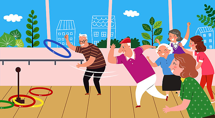 구름 여자 할아버지 노년 남자 할머니 일러스트 응원 놀이 사람 여러명 성인 교사 던지기 고리던지기 노인유치원 국내일러스트 AI파일 자연요소 직업 교육 다수 모션 파일형식 벡터