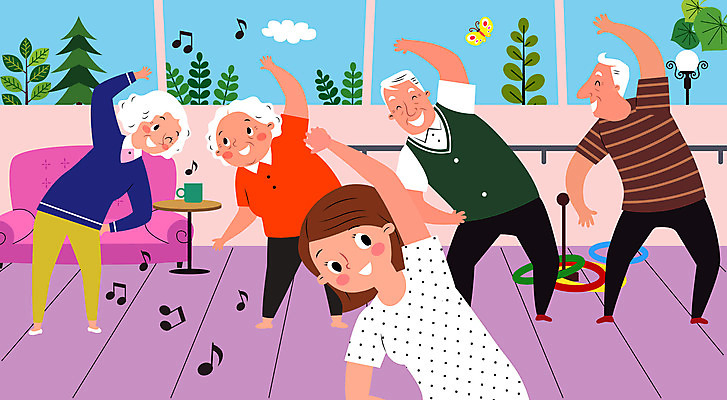 구름 여자 할아버지 노년 남자 할머니 나비 음표 일러스트 탁자 사람 여러명 성인 컵 운동 교사 스트레칭 노인유치원 국내일러스트 AI파일 자연요소 직업 식기 기호 교육 음악 가구 다수 곤충 건강 파일형식 벡터