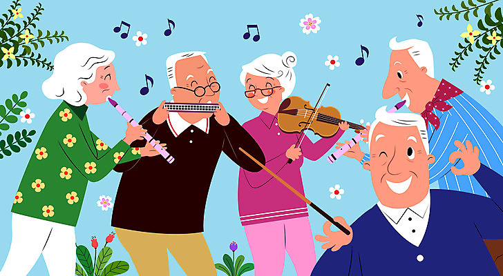 여자 할아버지 노년 남자 꽃 할머니 악기 음악 연주 음표 일러스트 나뭇잎 사람 여러명 바이올린 즐거움 음악교육 지휘봉 지휘 리코더 하모니카 노인만 노인유치원 국내일러스트 AI파일 식물 기호 교육 감정 다수 잎 현악기 문화예술 관악기 성인 목관악기 성인만 파일형식 벡터