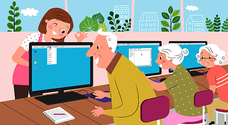 구름 여자 할아버지 노년 남자 할머니 의자 일러스트 탁자 사람 여러명 성인 컴퓨터 연필 교사 공책 OK 컴퓨터교육 노인유치원 국내일러스트 AI파일 자연요소 직업 교육 가구 다수 문구용품 학용품 손짓 전자제품 필기구 파일형식 벡터